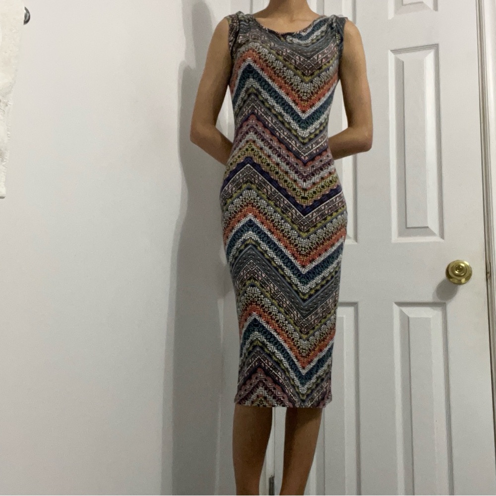 Orange and Blue Sleeveless Sheath Midi Dress